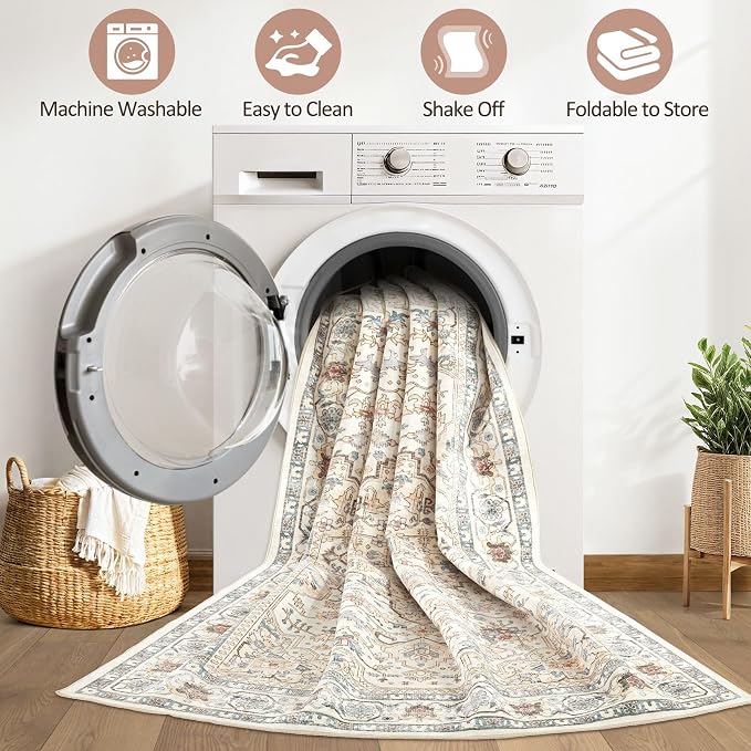 9x12 Area Rug Living Room: Washable Boho Large Neutral Vintage Soft Rugs Stain - Image 2