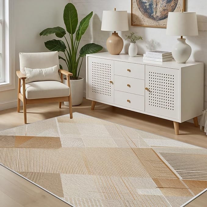 Minimalist Abstract Area Rug 5x8 Brown Boho, Modern Washable Stripe Art Rugs by Unknown