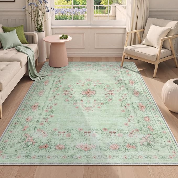 Wonnitar Floral Bow Print Washable Rugs 5x7, Sage Green Rug - Image 4