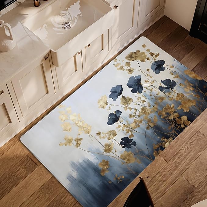 Blue Gray Flower Area Rug for Living Room, Non-Slip Backing Low Pile Modern - Image 4