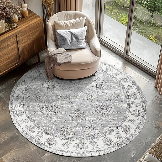 jinchan Fiora Round Rug 5ft Area Rugs Vintage Floral Distressed Design by JINCHAN