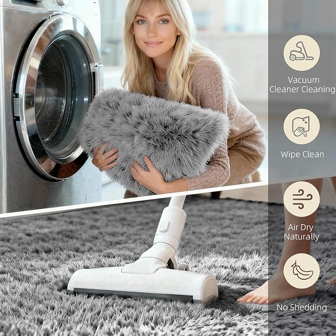 6x9 Solid Fluffy Grey Area Rug – Washable, Large Living Room Rug, Non-Slip High - Image 4