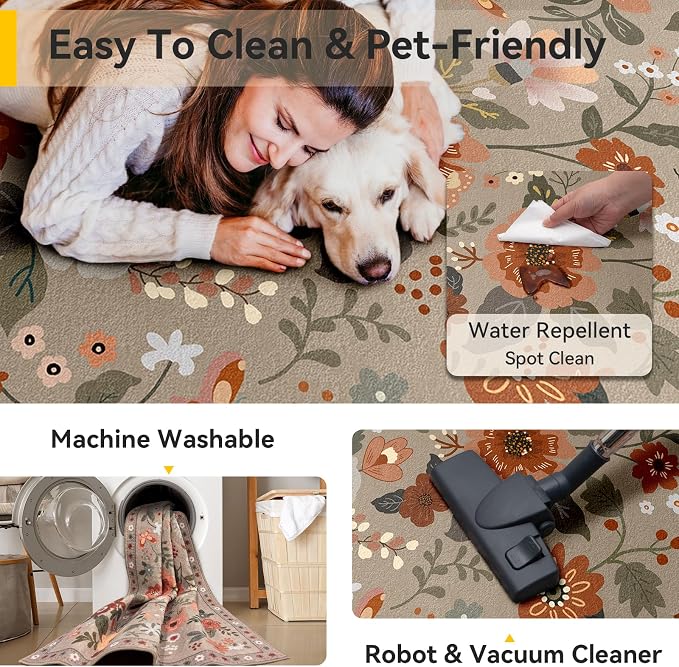 Floral 8x10 Area Rug Machine Washable Soft Print Boho Carpet Non Slip Doormat - Image 5