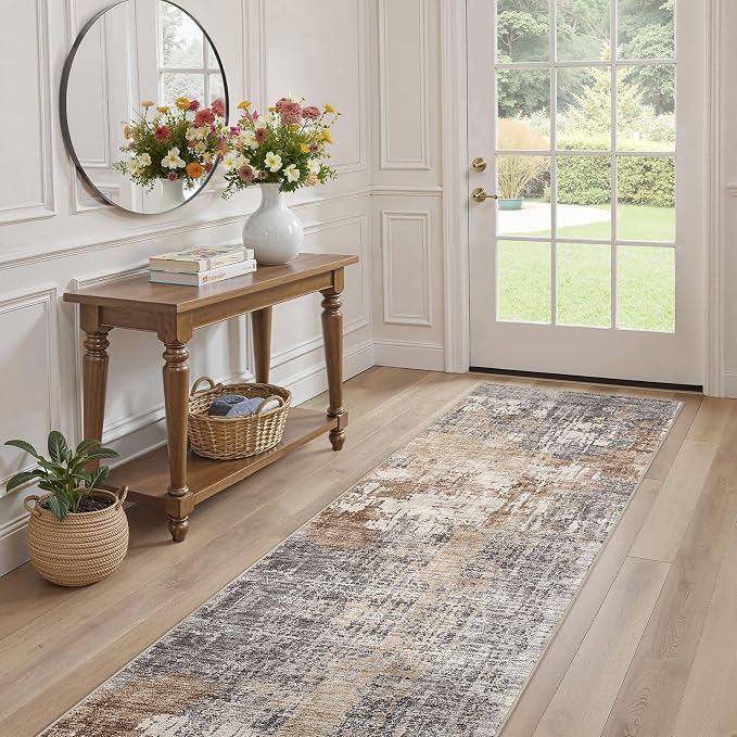 Washable Runner Rug for Hallway: 2.6x12 Neutral Modern Abstract Low Pile Area - Image 6