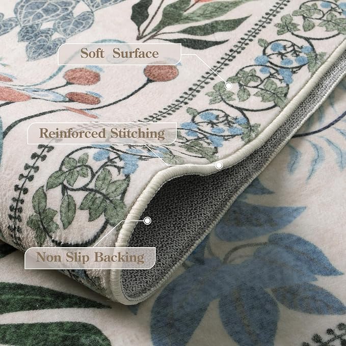 Floral Boho Beige Washable 3x5 Bathroom Entrance Rugs Indoor, Non Slip Flower - Image 7