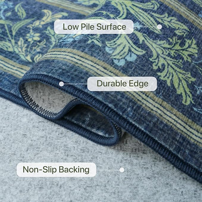 Bavni Floral Dark Blue Area Rugs 8x10, Vintage Boho Carpet Machine Washable - Image 5