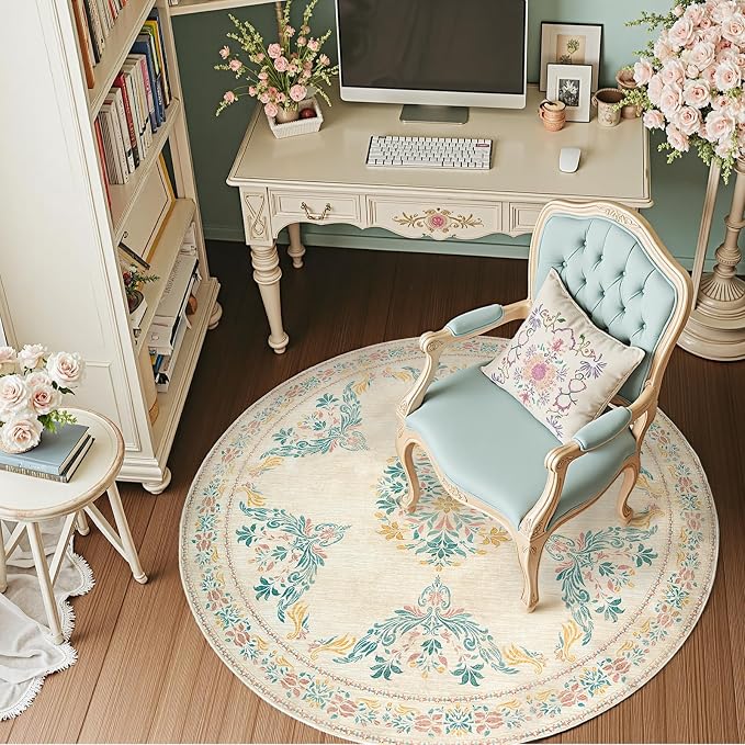 jinchan Round Rug 5ft Area Rugs Vintage Floral Distressed Design, Machine - Image 9