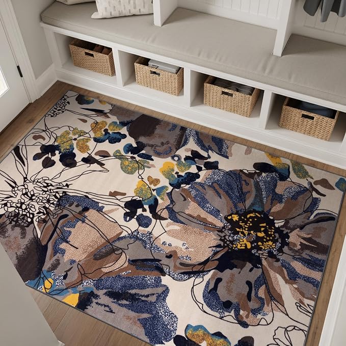 Rugshop Cream Bright Flowers Non Slip Non-Shedding Area Rug by Rugshop