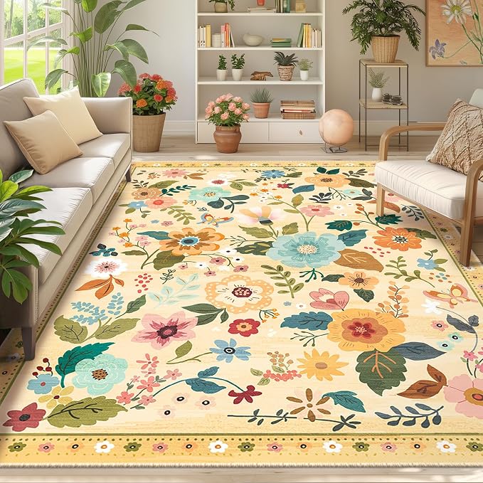 Floral 9x12 Area Rug Machine Washable Soft Print Boho Carpet Non Slip Doormat - Image 2
