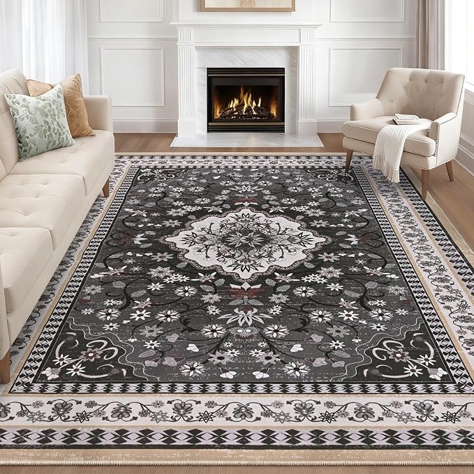 Luxury 8' x 10' Black Washable Area Rugs, Boho Low Pile Easy Clean Non-Slip Rug - Image 6