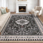Luxury 5' x 7' Black Washable Area Rugs, Boho Low Pile Easy Clean Non-Slip Rug by BLEUMCADE
