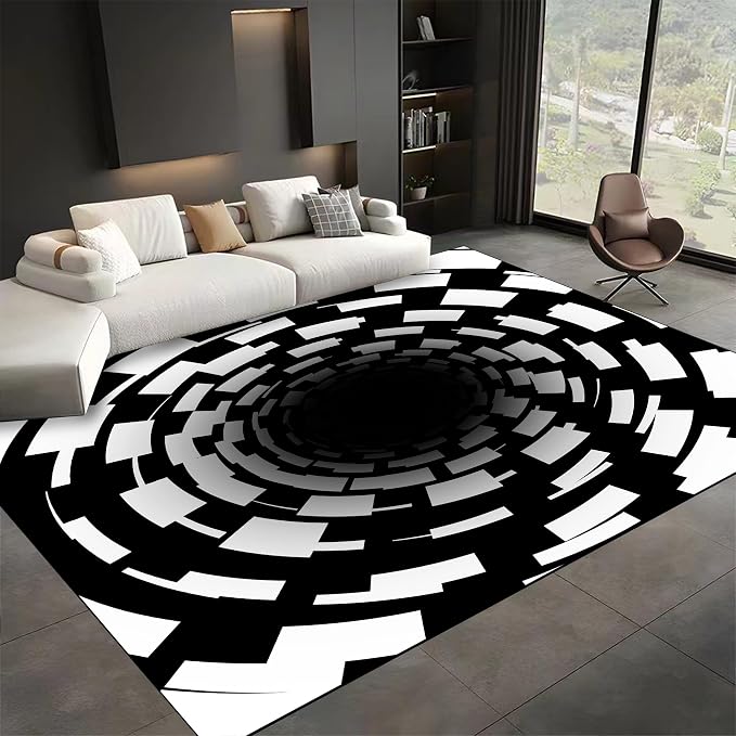 3D Illusion Swirl Area Rugs, Modern Abstract Grid Black Hole Living Room Carpet by Unknown