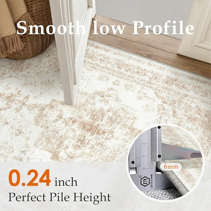Runner Rug 2x12 Cream Hallway Washable Beige Carpet Non Slip Vintage Medallion - Image 3