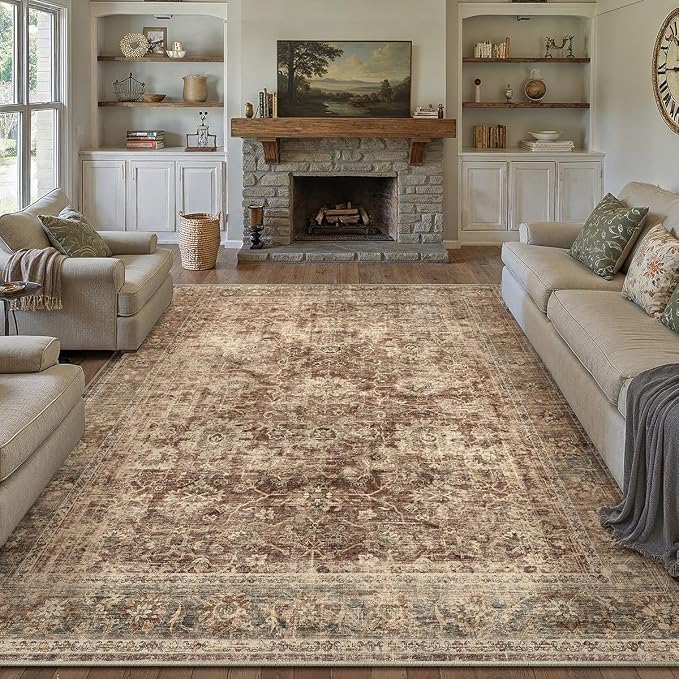 8x10 Washable Area Rug for Living Room Bedroom Rust Vintage Distressed Rustic - Image 5