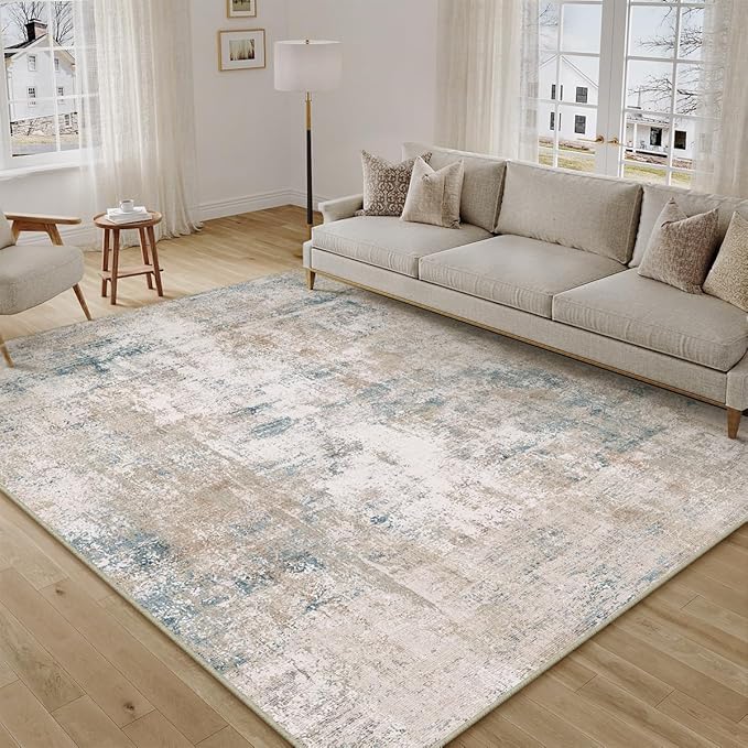 10x12 Area Rug Beige Blue Abstract Living Room Bedroom Washable Carpet Neutral - Image 5