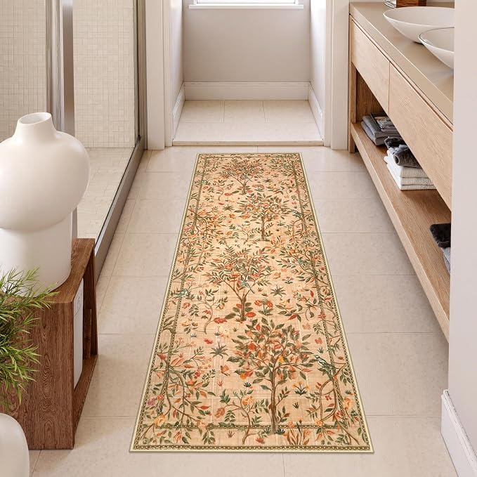 Morebes Boho Floral Runner Rug Non Slip, Washable Flower Long Bathroom Rugs - Image 2
