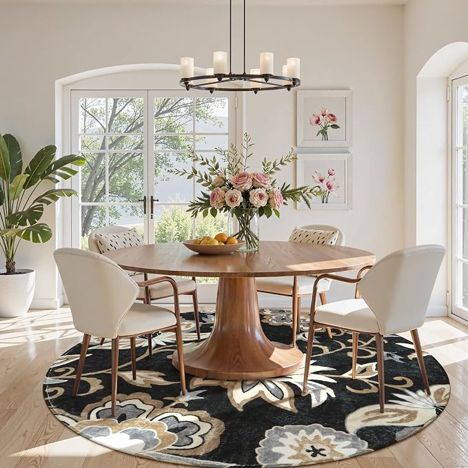 Lahome Floral Black Round Area Rug - 5Ft Washable Ultra-Thin Soft Bedroom Rug - Image 7