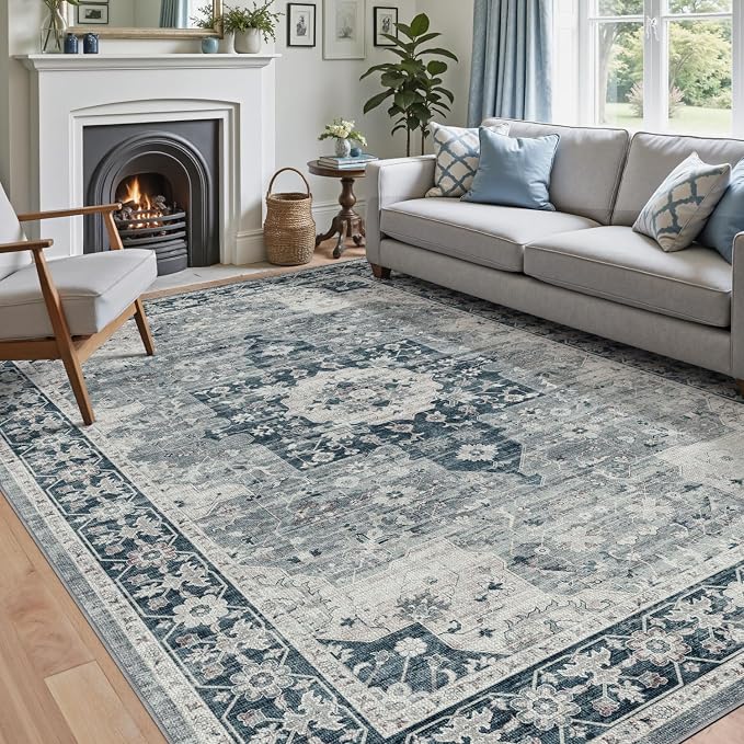DEXI 8x10 Area Rug for Living Room, Washable Vintage Farmhouse Thin Rug Indoor by DEXI