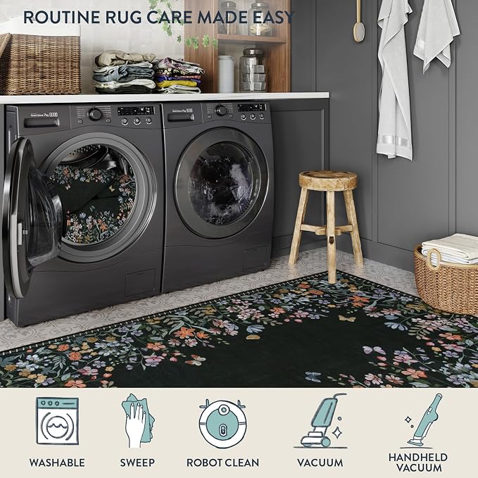 Lahome Boho Floral Black Washable 5x7 Area Rugs - Image 4