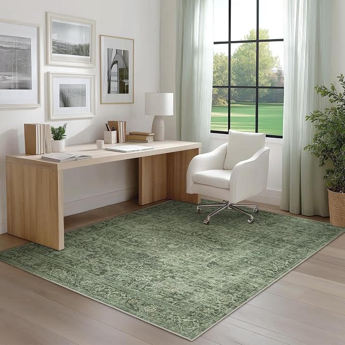 FMFUNCTEX 4x6 Washable Area Rug Green Neutral Vintage Distressed Oriental Non - Image 3
