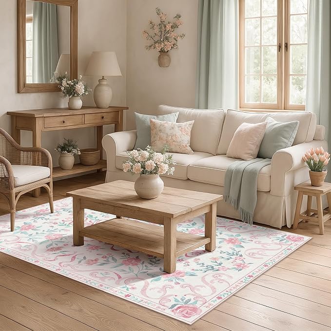 Pink Rug Bow Floral Rug 3x5, Washable Boho Area Rugs Non Slip Low Pile Carpet - Image 8