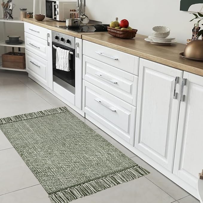 Collive Small Bathroom Rug, Olive Green/Cream Cotton Reversible Washable - Image 2
