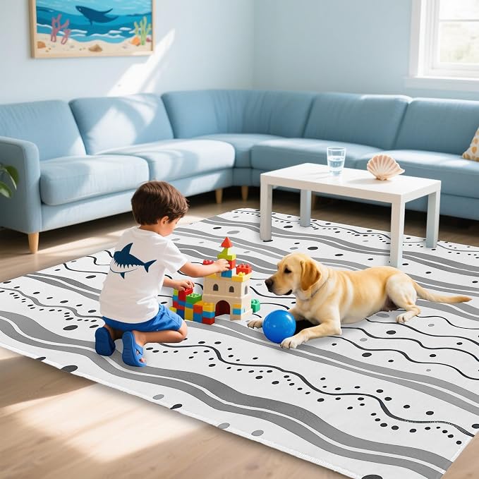 Modern Gray Lines Washable Living Room Area Rug, Low Profile Abstract Pattern - Image 7