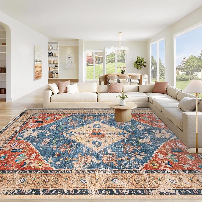 Area Rug 9x12 Washable Rug, Vintage Boho Medallion Rugs Non-Slip Soft Low Pile by VECARF