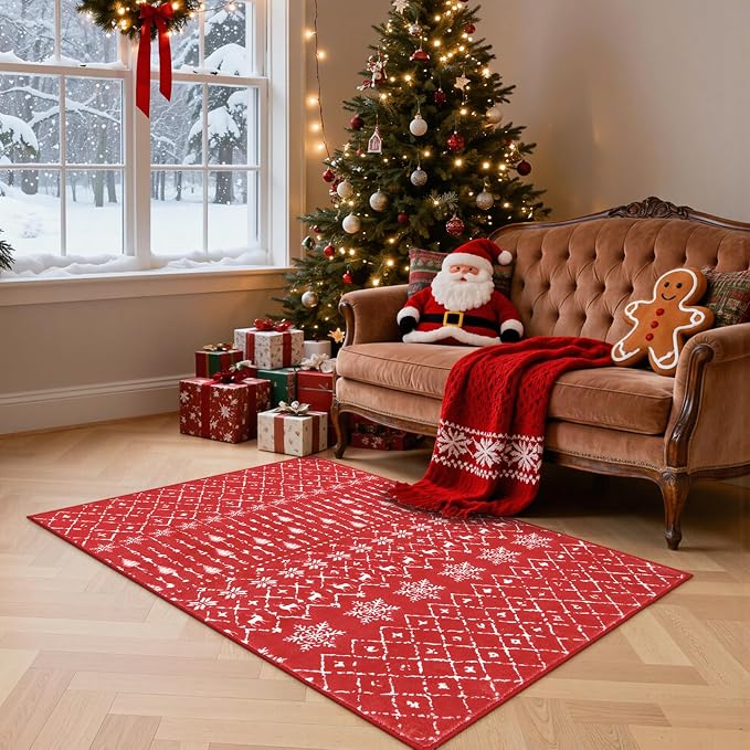 Lahome Christmas Rug 3x5 Red Washable Non Slip Small Area Rug Soft Low Pile - Image 8