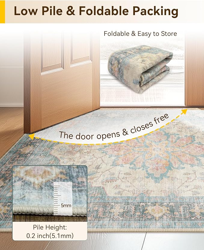 Area Rugs 2'x6' Washable Non-Slip, Floral Vintage Distress Print Pattern - Image 3
