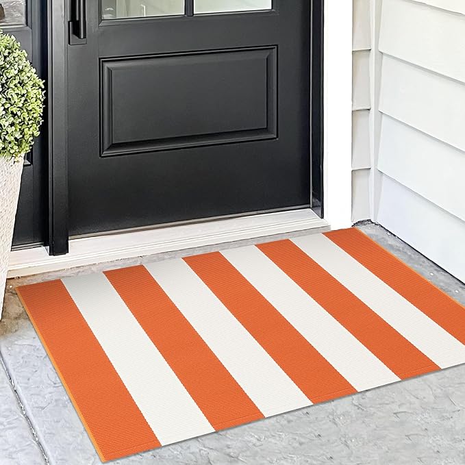 KOZYFLY Orange and White Striped Rug Doormat 2x3 Ft Halloween Fall Cotton Woven by KOZYFLY