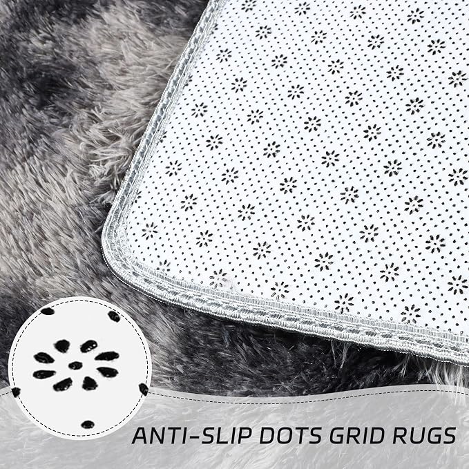 duduta Grey Plush Round Rug 4x4 ft, Tie Dye Gray Fluffy Shag Rugs - Image 6