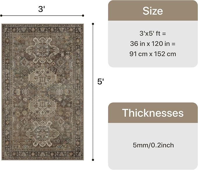 Bavni 3x5 Area Rug for Living Room Bedroom, Washable Boho Print Vintage - Image 2