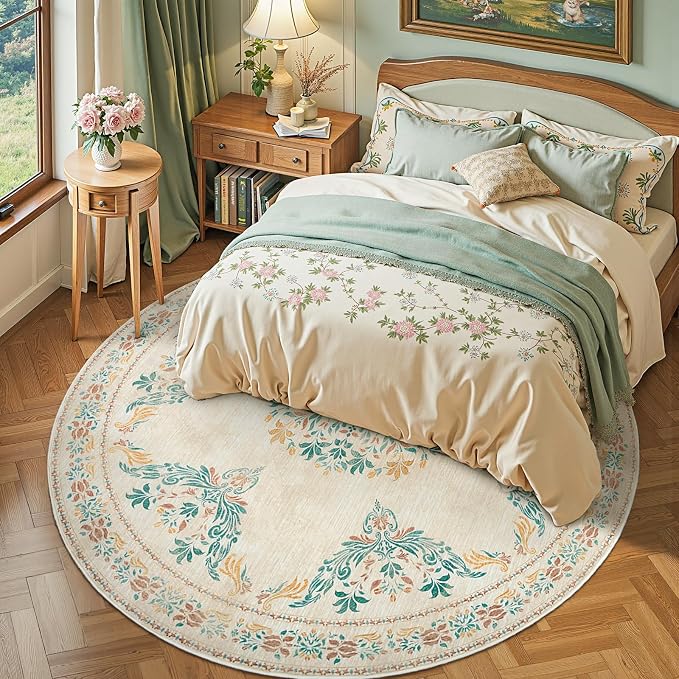 jinchan Round Rug 8ft Area Rug Vintage Floral Distressed Design Machine - Image 3