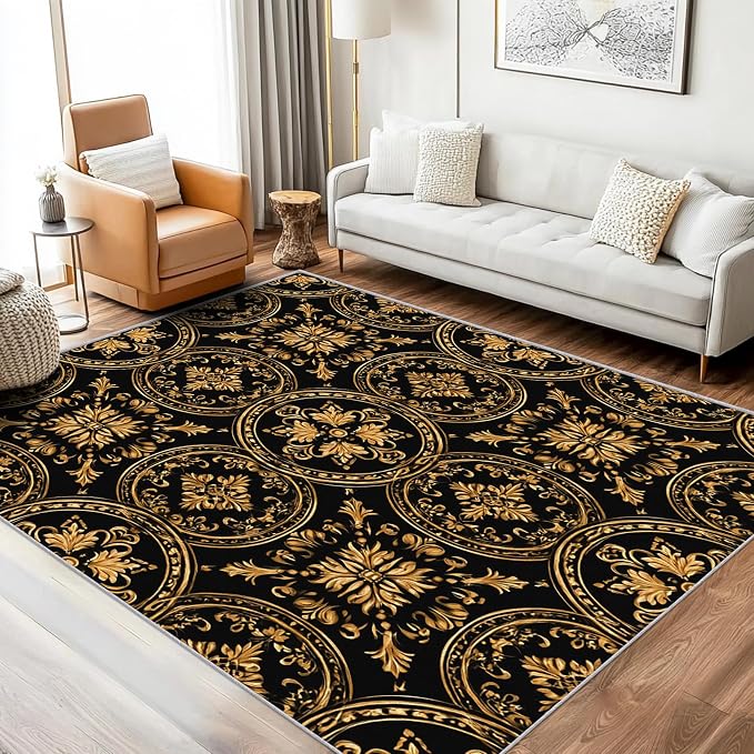Black Gold Baroque Rug, Washable 5x7 Rug by Unknown