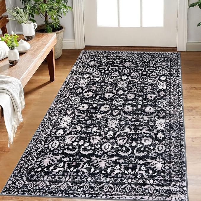 Vintage Floral 3x5 Rug, Thin Printed Faux Wool Low-Pile Kitchen Rugs Super Soft by lansny
