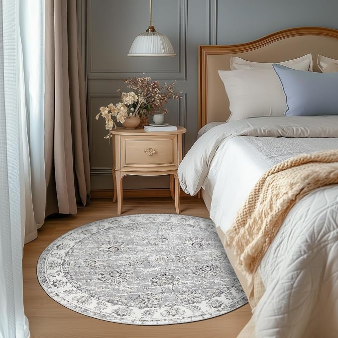 jinchan Fiora Round Rug 4ft Area Rugs Vintage Floral Distressed Design - Image 2