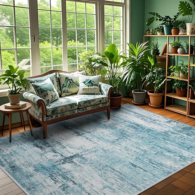 4x6 Abstract Rug for Entryway, Modern Teal Grey Washable Indoor Entry Way Area by FLYRUGGO