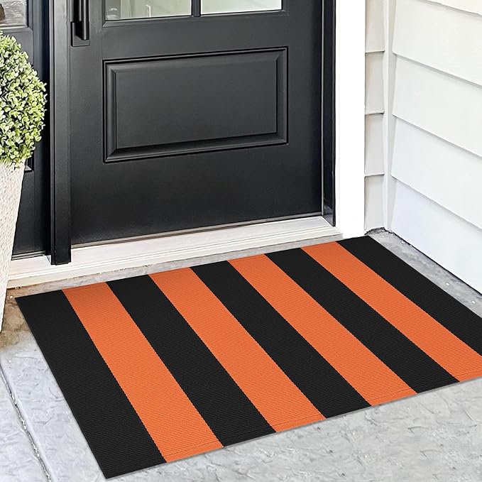 KOZYFLY Orange and Black Striped Rug Doormat 2x3 Ft Halloween Fall Cotton Woven by KOZYFLY