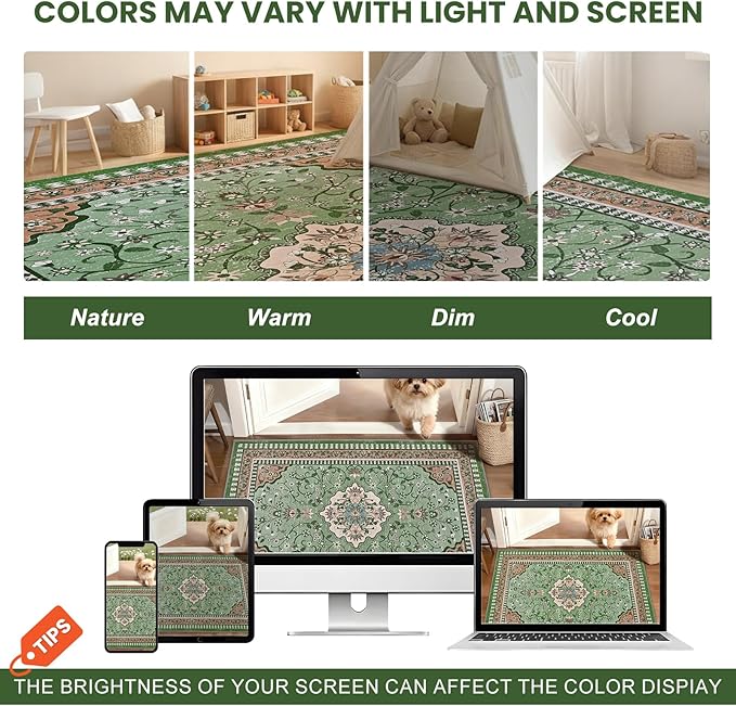 Luxury 8' x 10' Green Washable Area Rugs, Boho Low Pile Easy Clean Non-Slip Rug - Image 7