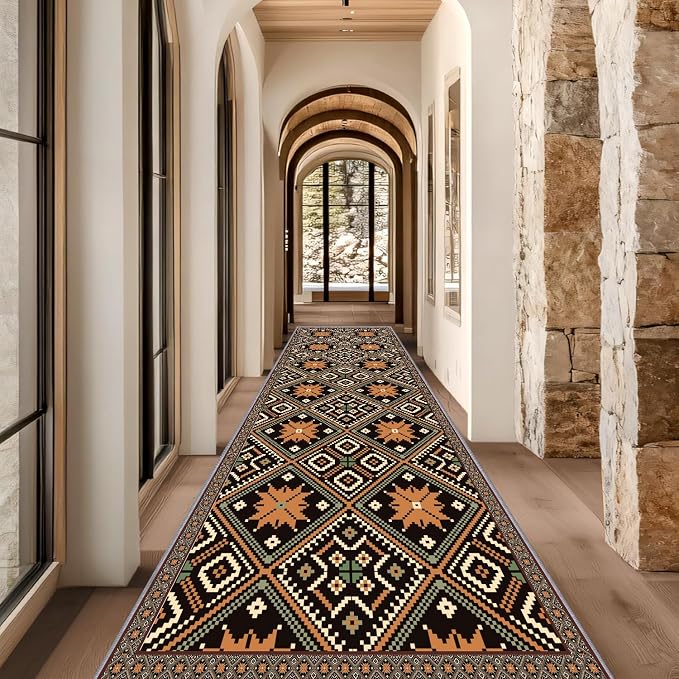 Brown Black Geometric Diamond Pattern Hallway Runner Rug - Image 4