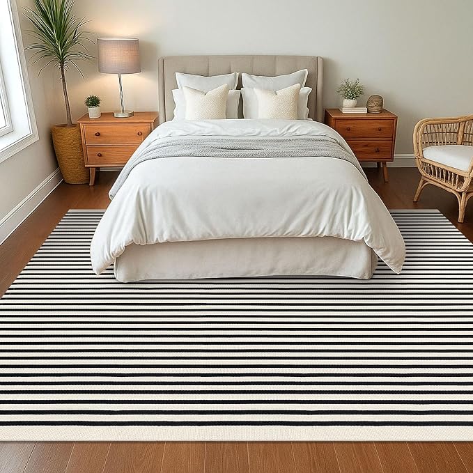 KOZYFLY Black and Beige Striped Rug 8x10 Ft Area Rug Washable Indoor Outdoor - Image 3