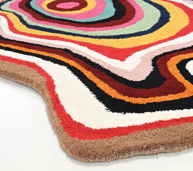 Irregular Shaped Handmade Wool Rug | Modern Colourful Stripe Premium Area Rug - Image 3