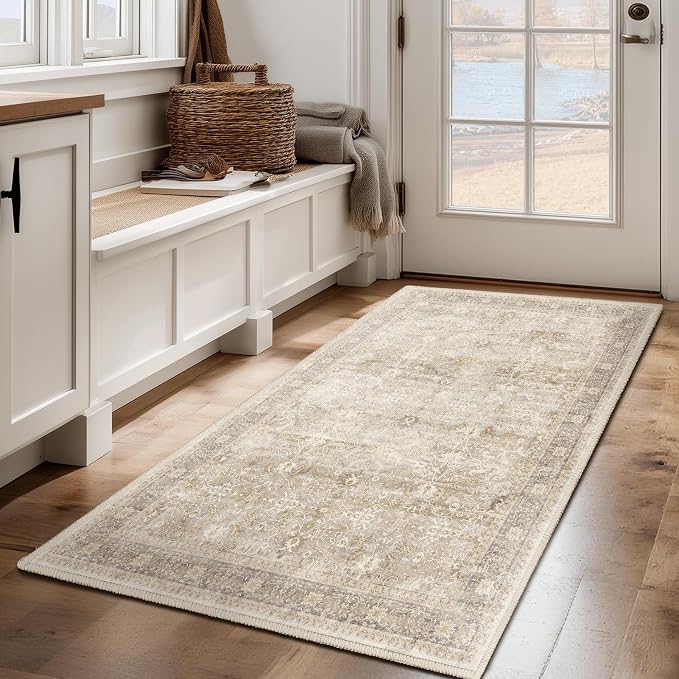 Vintage Beige 3x5 Entryway Rug Indoor Foyer, Neutral Earth Tone Throw Rug by Jainmy