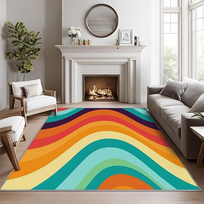 Retro Rugs for Living Room 70s -Abstract Wave Rug, 3x4 ft, Colorful Rainbow by Phtbz