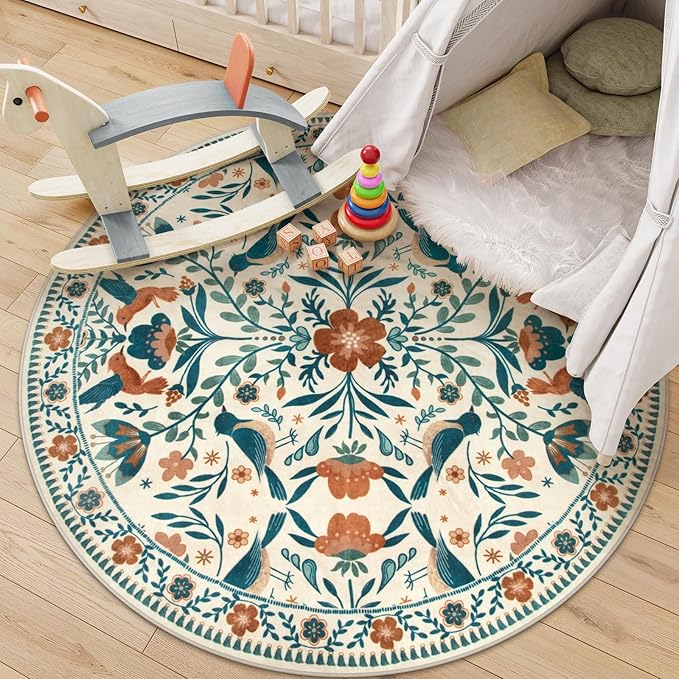 Moynesa Floral Bird Round Rug 6ft Washable Circle Rug Non Slip, Modern Bohemian by Moynesa
