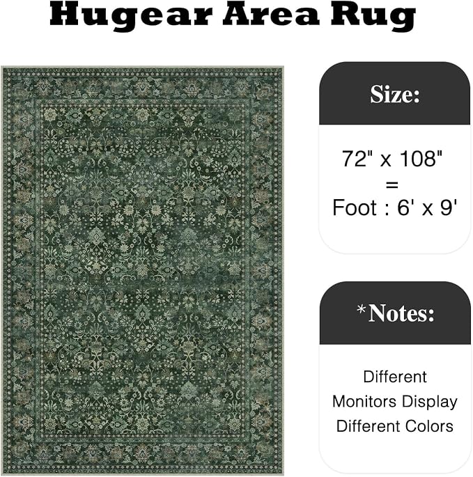 HUGEAR 6x9 Machine Washable Rugs Dark Green Hallway Large Area Rug Indoor - Image 2