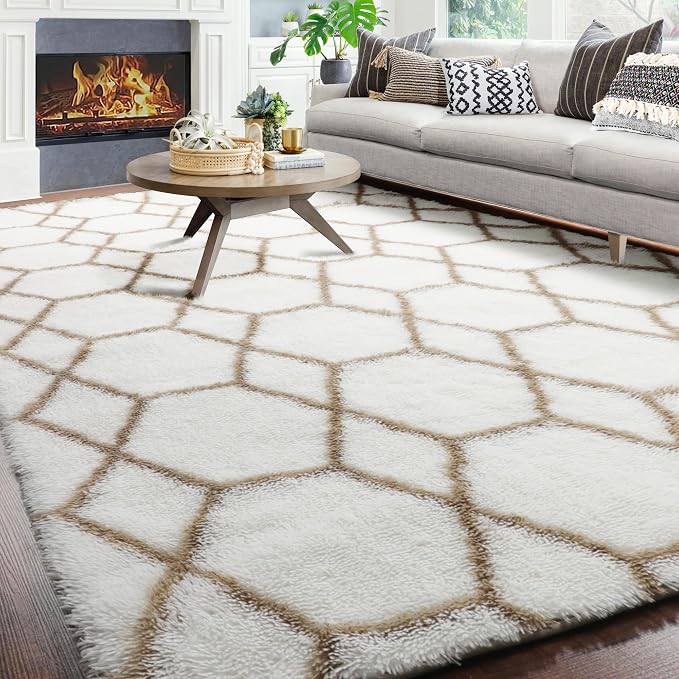 ONASAR 8x10 Area Rugs for Living Room, Fluffy White and Beige Bedroom Rug - Image 3