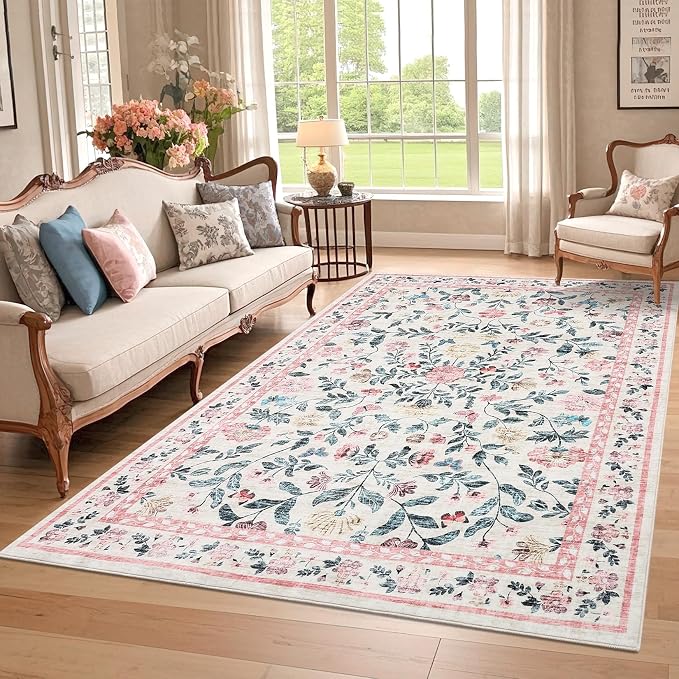 GarveeHome Washable Rug 6 x 9, Low Pile Farmhouse Floral Rug, Non-Shedding by GarveeHome