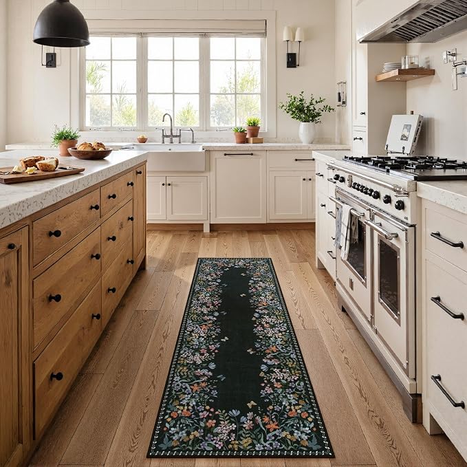 Lahome Boho Floral 2x6 Black Bathroom Runner Rugs Non Skid Washable, Rug Runners - Image 2